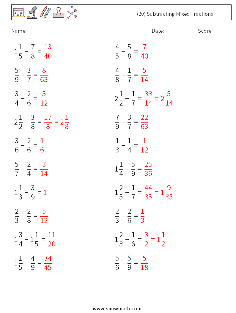 (20) Subtracting Mixed Fractions Math Worksheets 3 Question, Answer