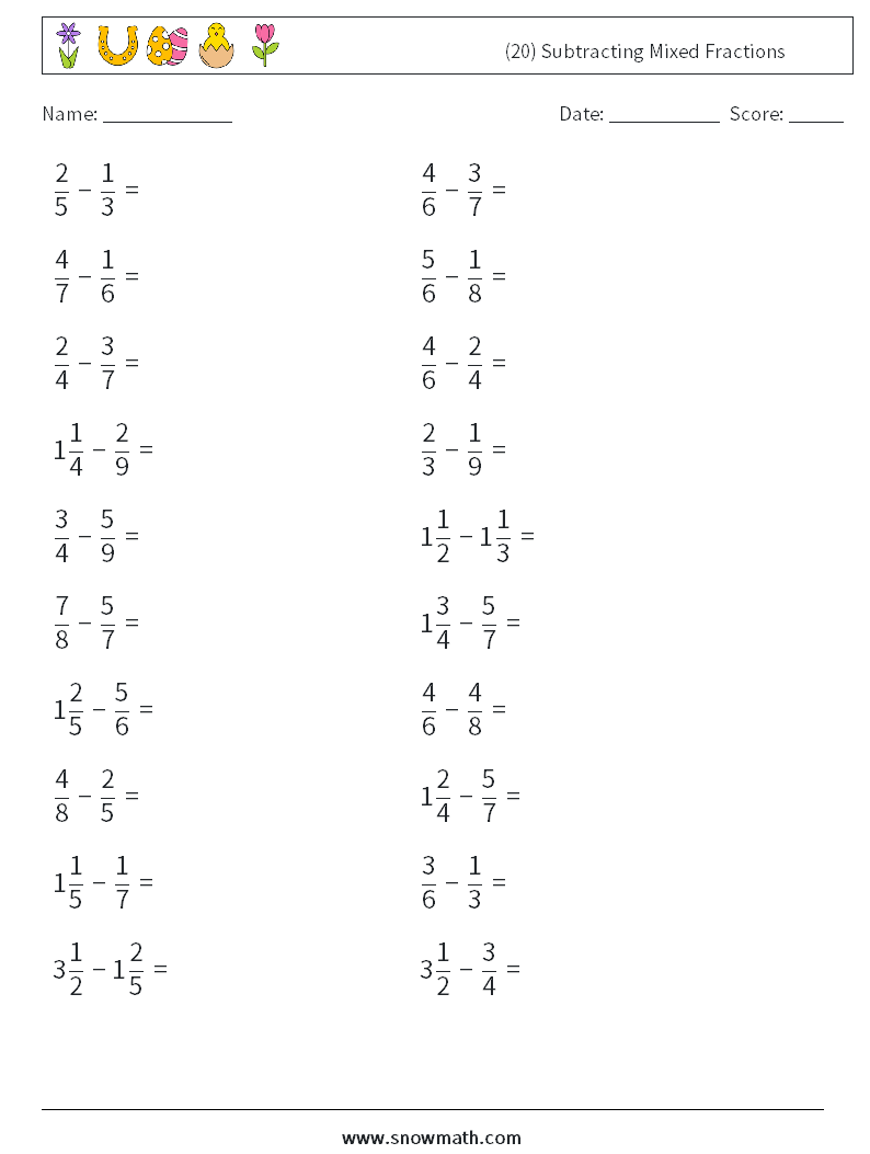 (20) Subtracting Mixed Fractions Math Worksheets 4