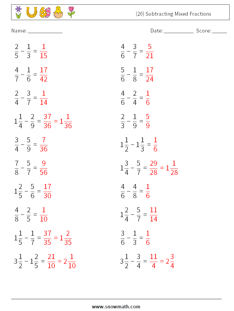 (20) Subtracting Mixed Fractions Math Worksheets 4 Question, Answer