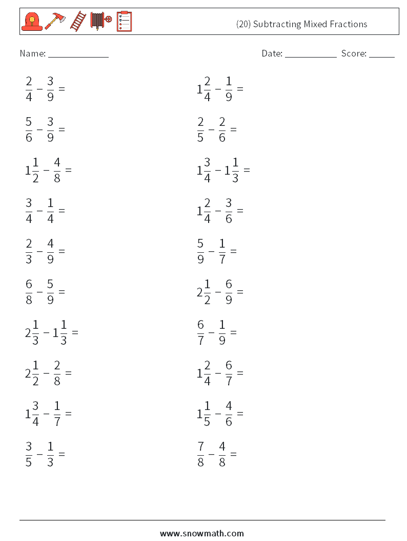 (20) Subtracting Mixed Fractions Math Worksheets 5