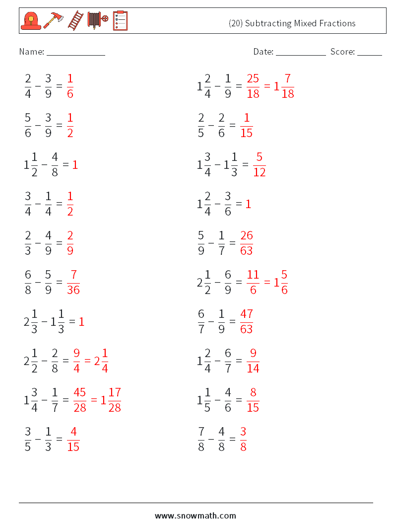 (20) Subtracting Mixed Fractions Math Worksheets 5 Question, Answer