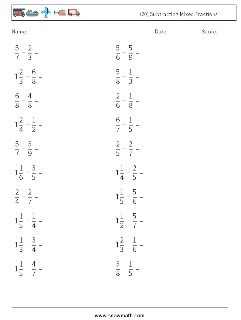 (20) Subtracting Mixed Fractions Math Worksheets 6