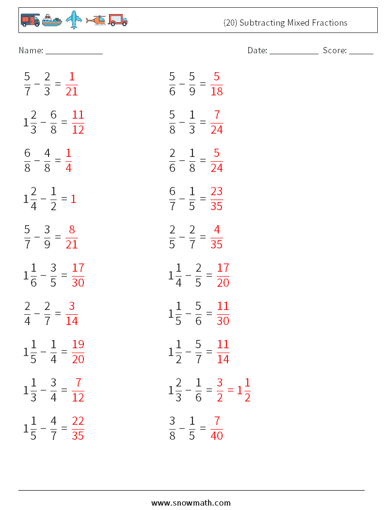 (20) Subtracting Mixed Fractions Math Worksheets 6 Question, Answer