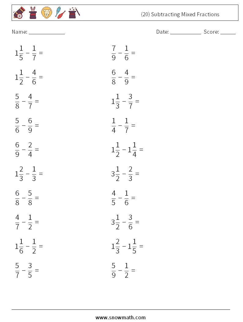 (20) Subtracting Mixed Fractions Math Worksheets 7