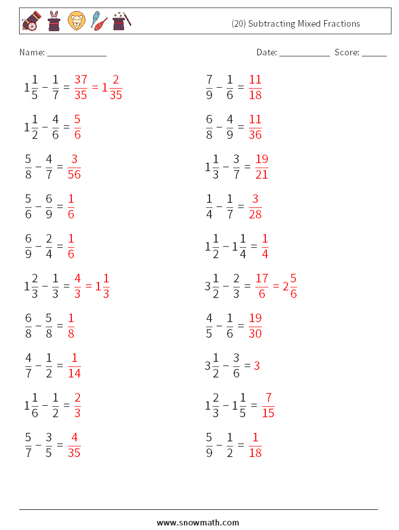 (20) Subtracting Mixed Fractions Math Worksheets 7 Question, Answer