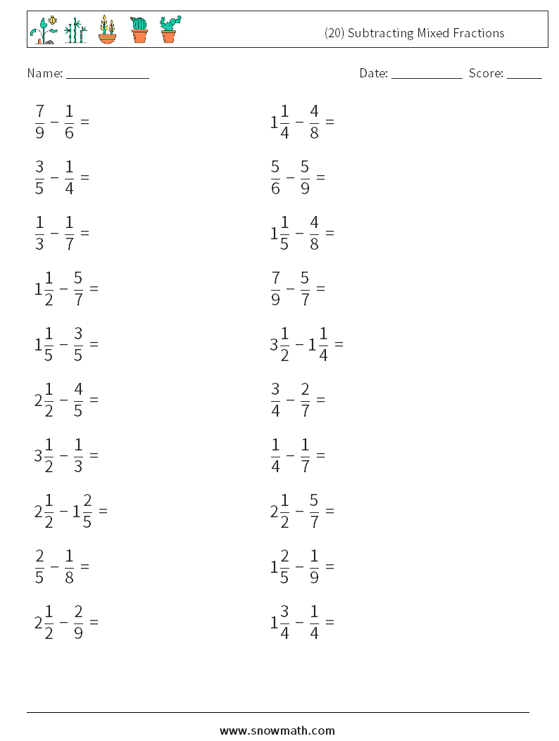 (20) Subtracting Mixed Fractions Math Worksheets 8