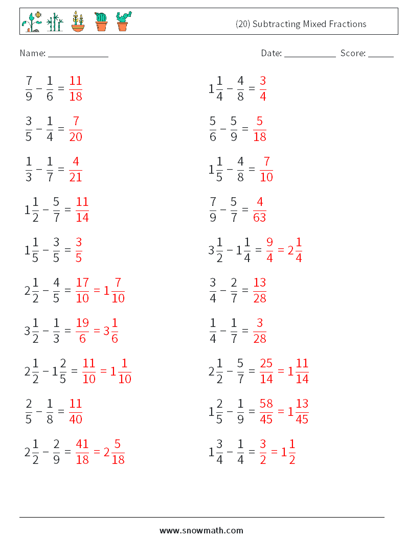 (20) Subtracting Mixed Fractions Math Worksheets 8 Question, Answer