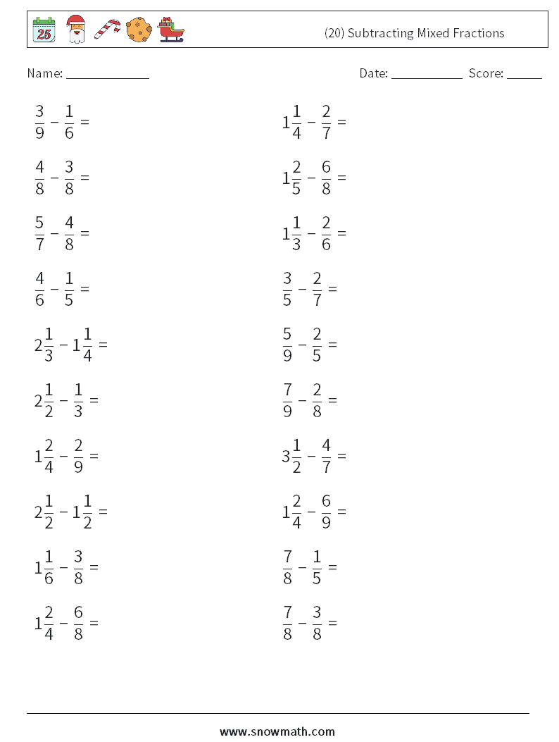 (20) Subtracting Mixed Fractions Math Worksheets 9