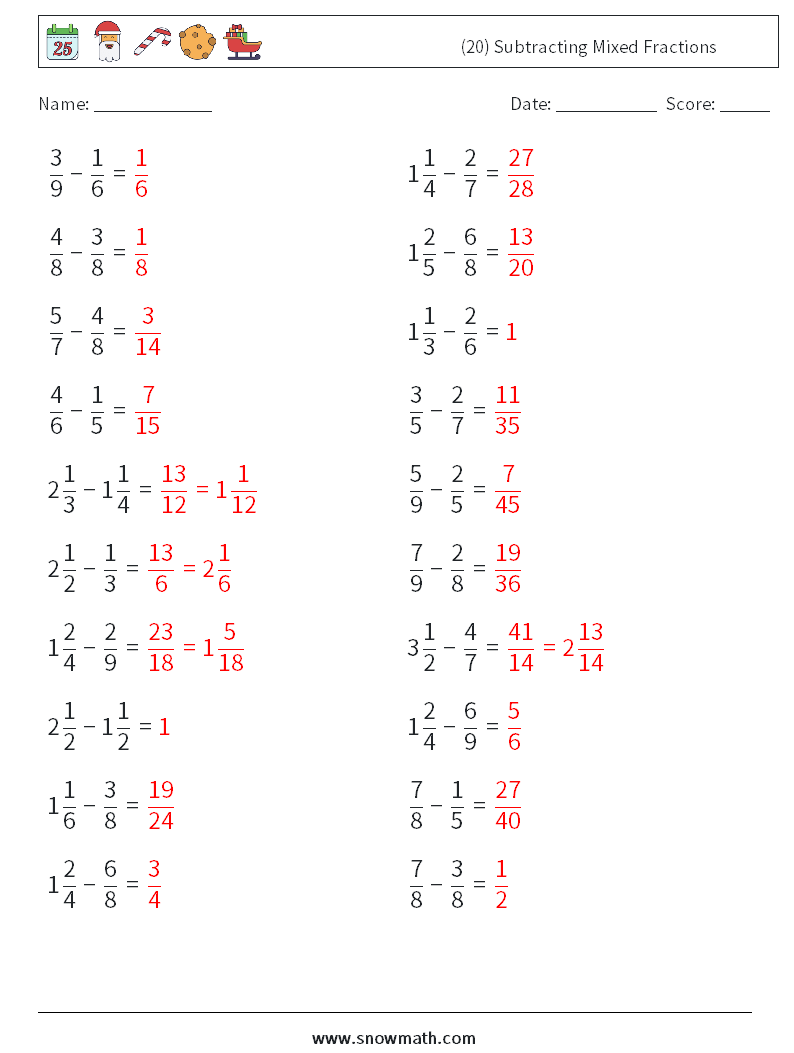 (20) Subtracting Mixed Fractions Math Worksheets 9 Question, Answer