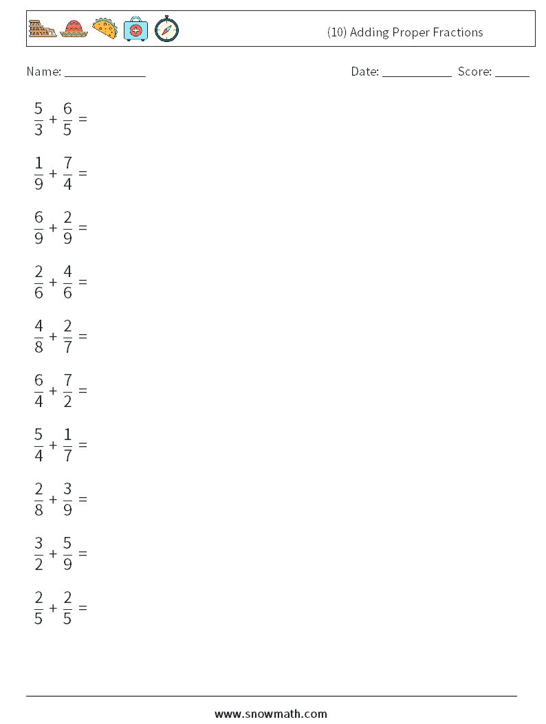 (10) Adding Proper Fractions Math Worksheets 10