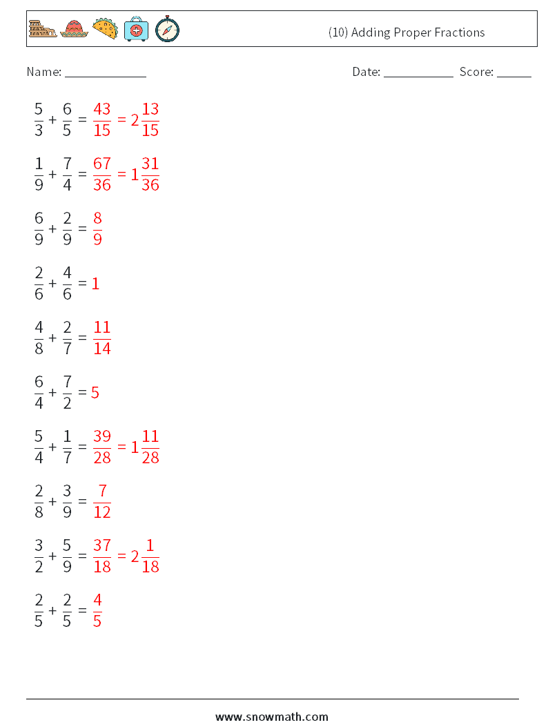 (10) Adding Proper Fractions Math Worksheets 10 Question, Answer