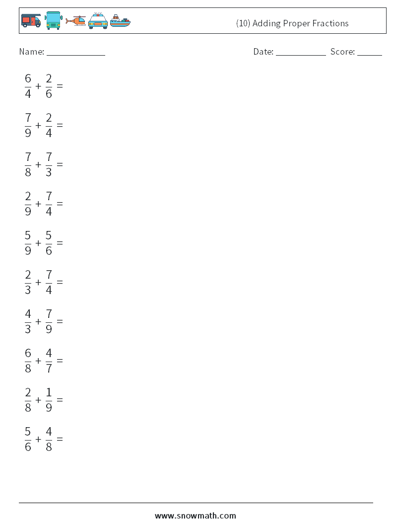 (10) Adding Proper Fractions Math Worksheets 11