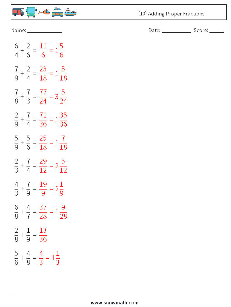 (10) Adding Proper Fractions Math Worksheets 11 Question, Answer
