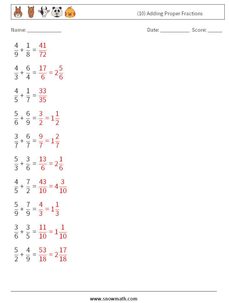 (10) Adding Proper Fractions Math Worksheets 12 Question, Answer