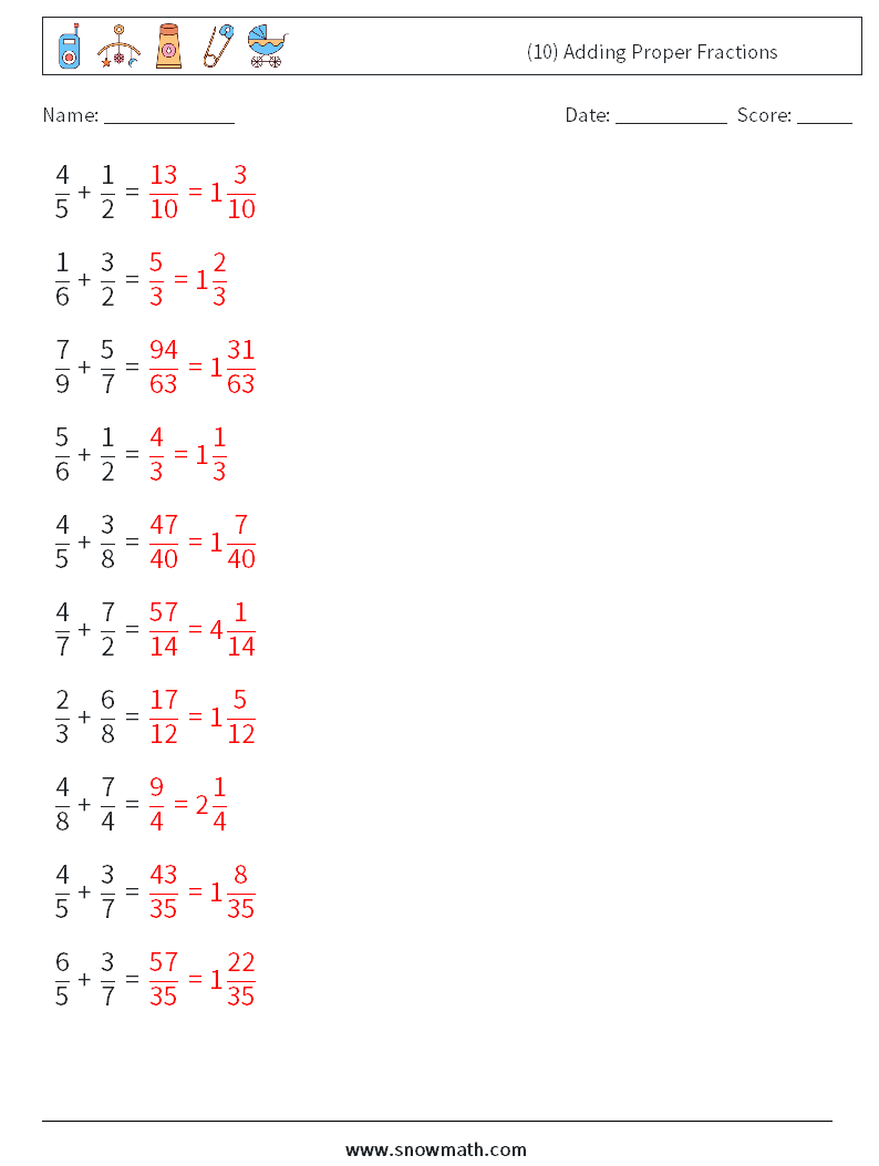 (10) Adding Proper Fractions Math Worksheets 14 Question, Answer