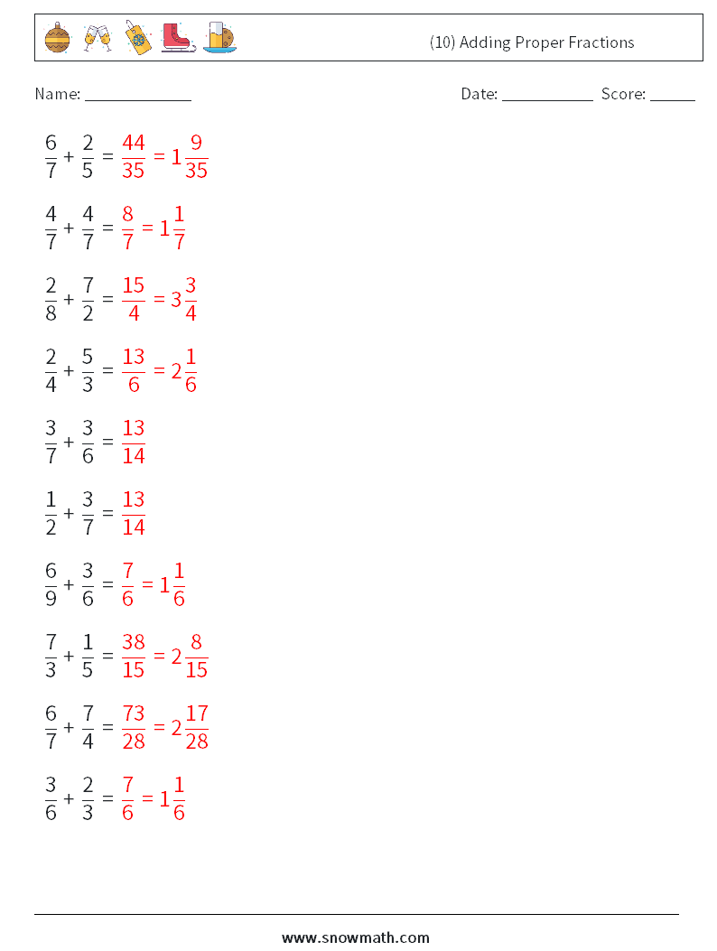 (10) Adding Proper Fractions Math Worksheets 16 Question, Answer
