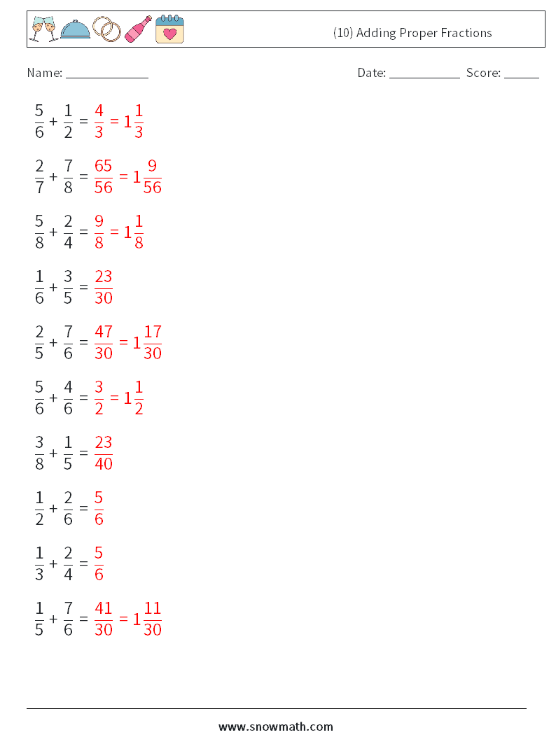 (10) Adding Proper Fractions Math Worksheets 17 Question, Answer