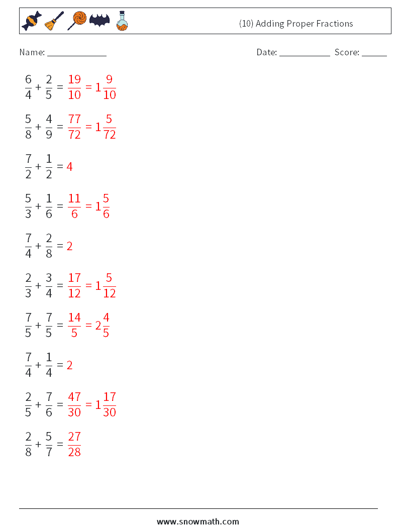 (10) Adding Proper Fractions Math Worksheets 18 Question, Answer