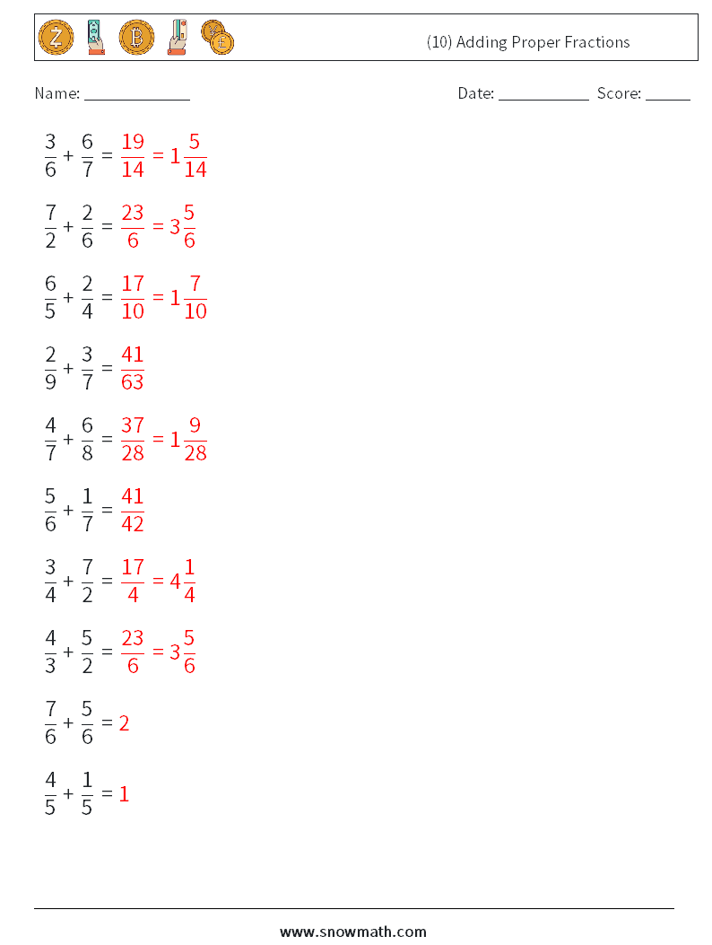 (10) Adding Proper Fractions Math Worksheets 1 Question, Answer