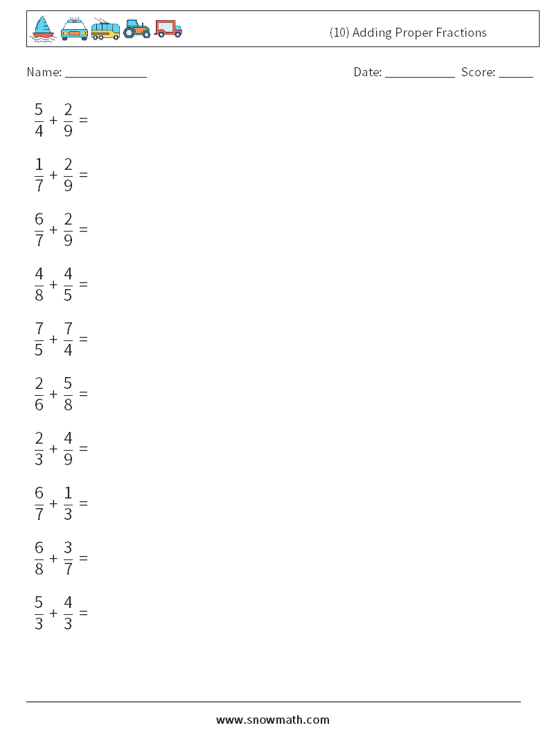 (10) Adding Proper Fractions Math Worksheets 2