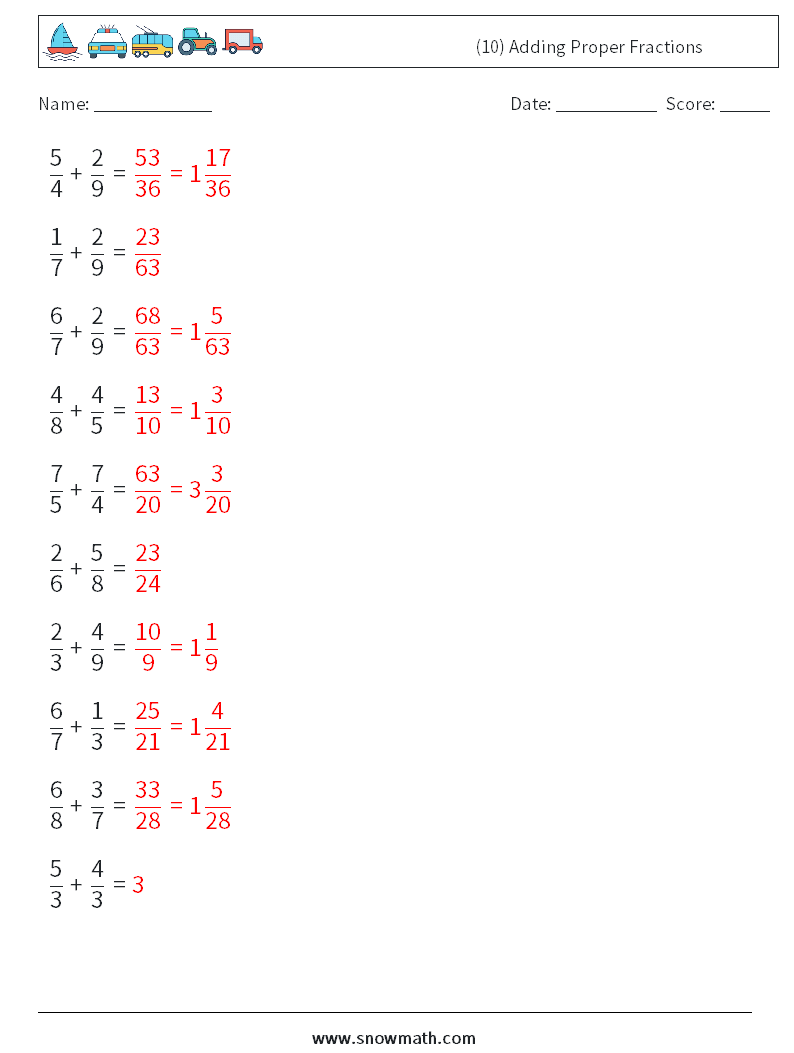 (10) Adding Proper Fractions Math Worksheets 2 Question, Answer