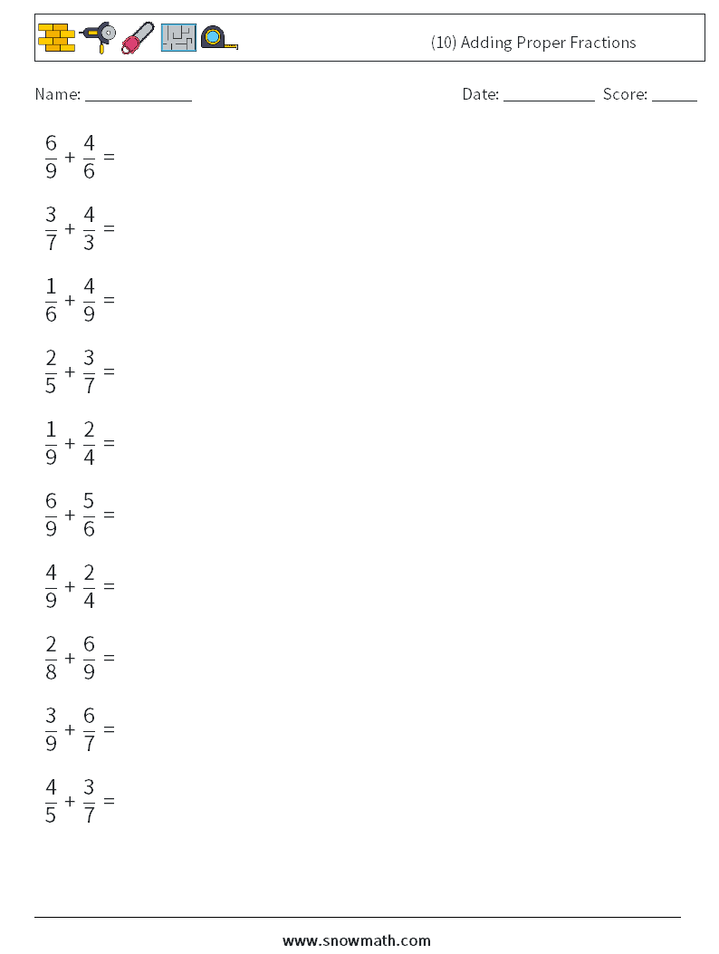(10) Adding Proper Fractions Math Worksheets 3