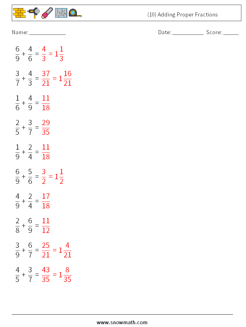 (10) Adding Proper Fractions Math Worksheets 3 Question, Answer