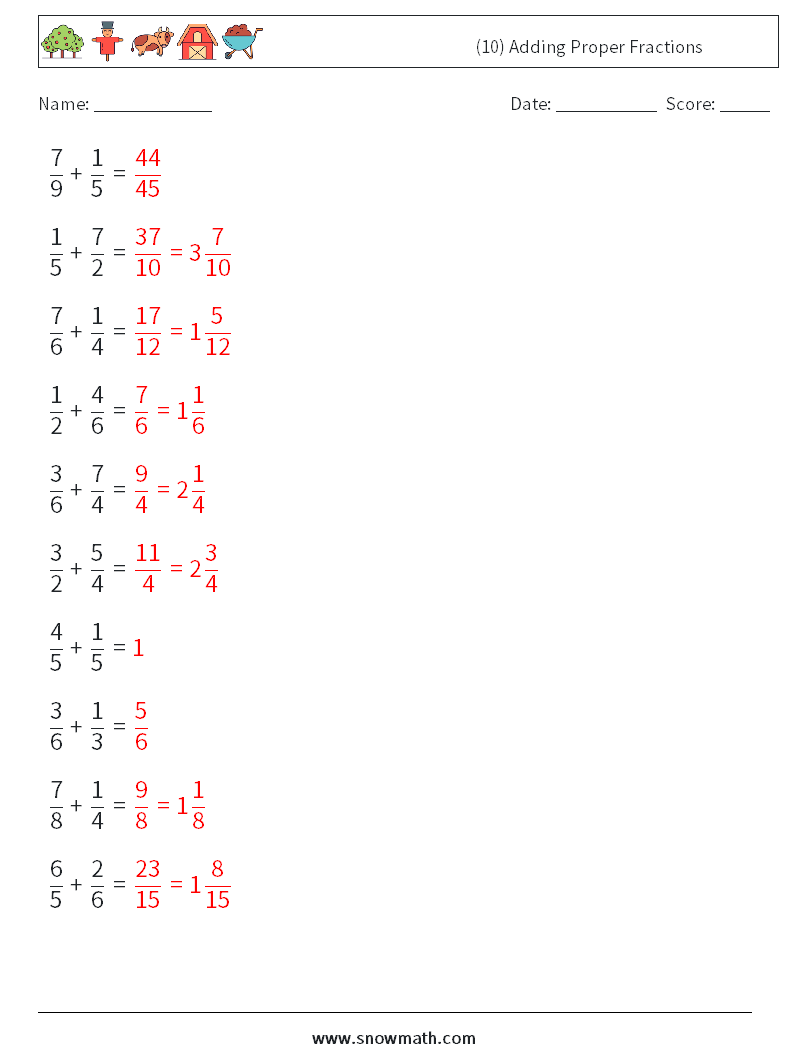 (10) Adding Proper Fractions Math Worksheets 4 Question, Answer