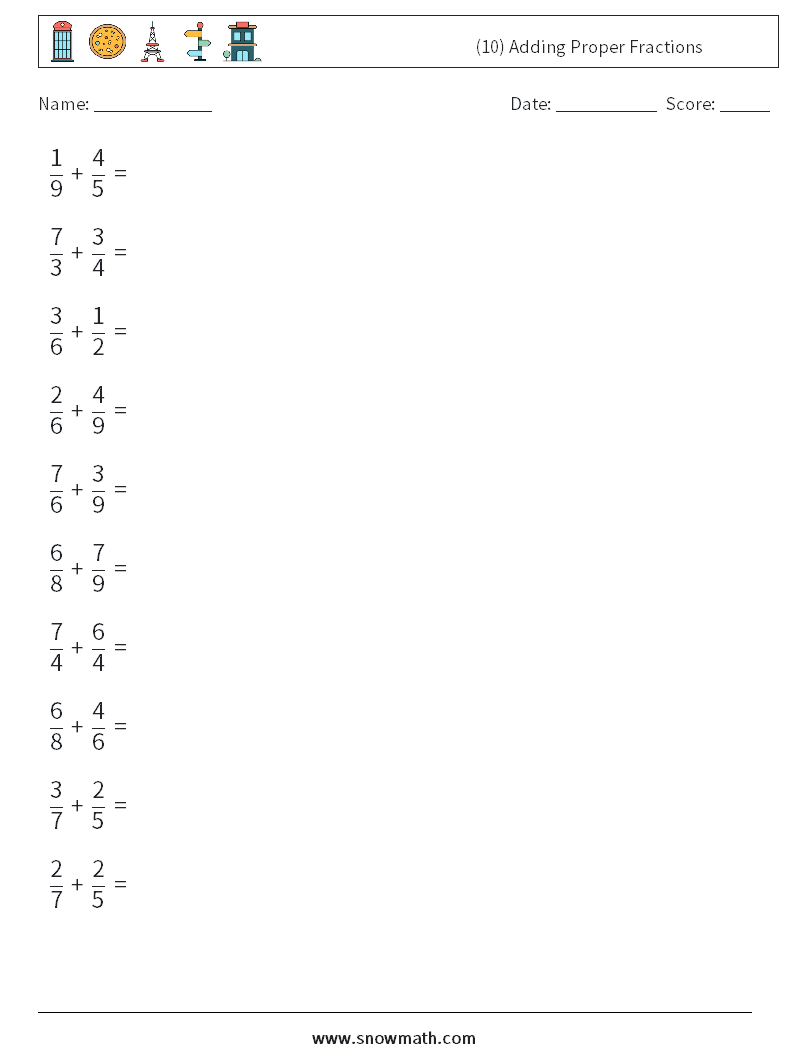 (10) Adding Proper Fractions Math Worksheets 5
