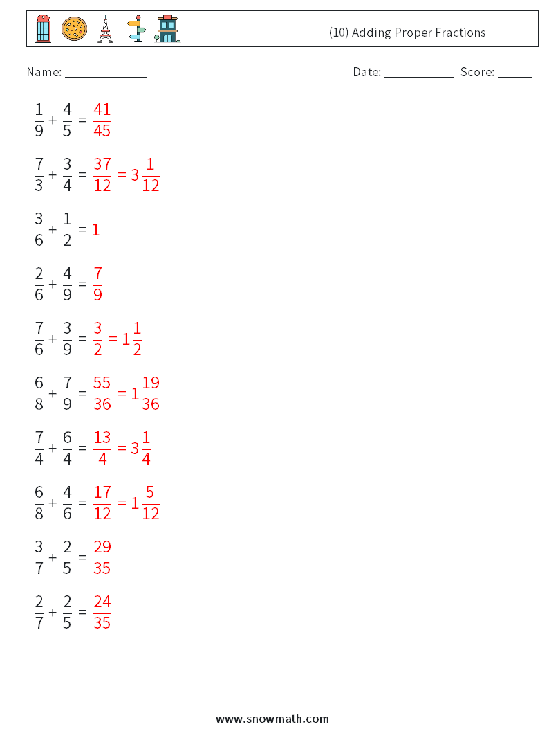 (10) Adding Proper Fractions Math Worksheets 5 Question, Answer