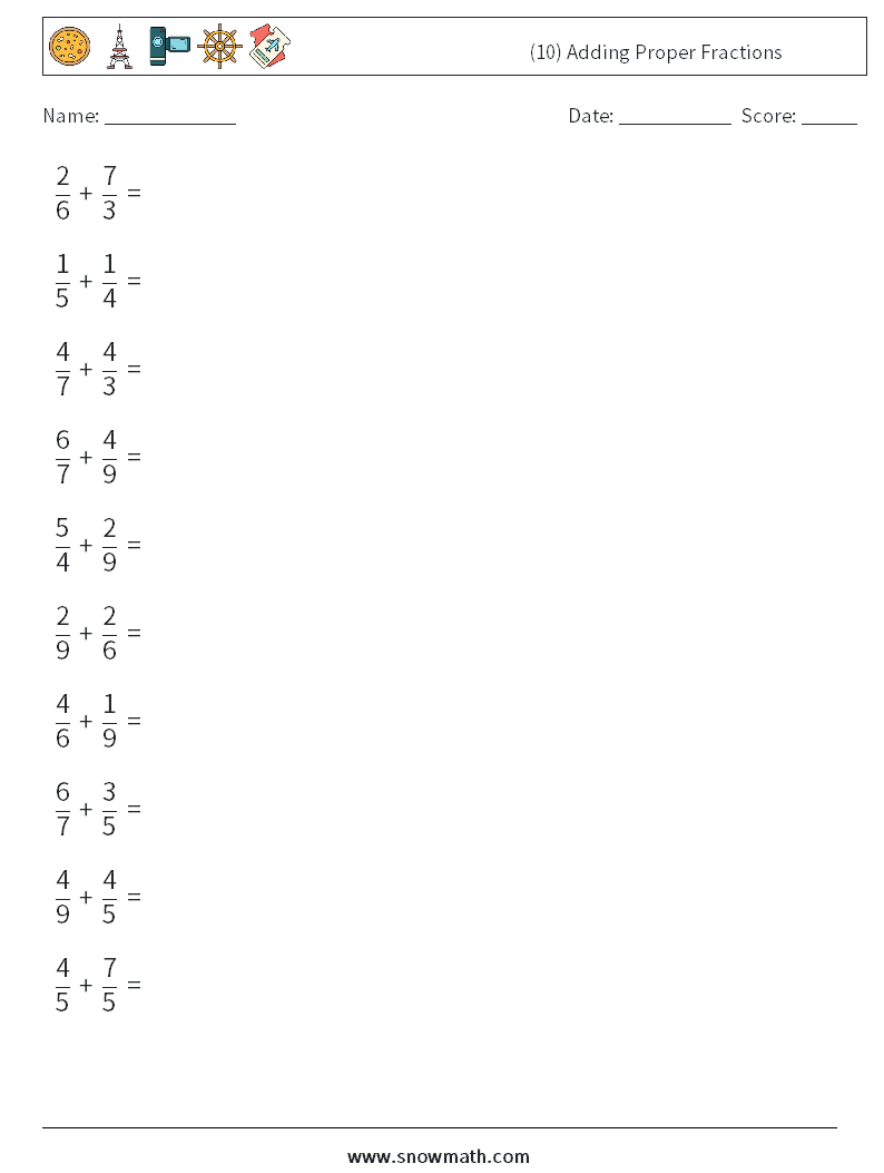 (10) Adding Proper Fractions Math Worksheets 6