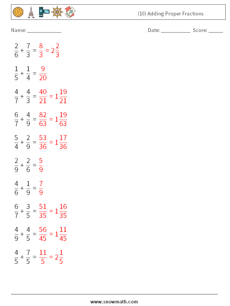 (10) Adding Proper Fractions Math Worksheets 6 Question, Answer