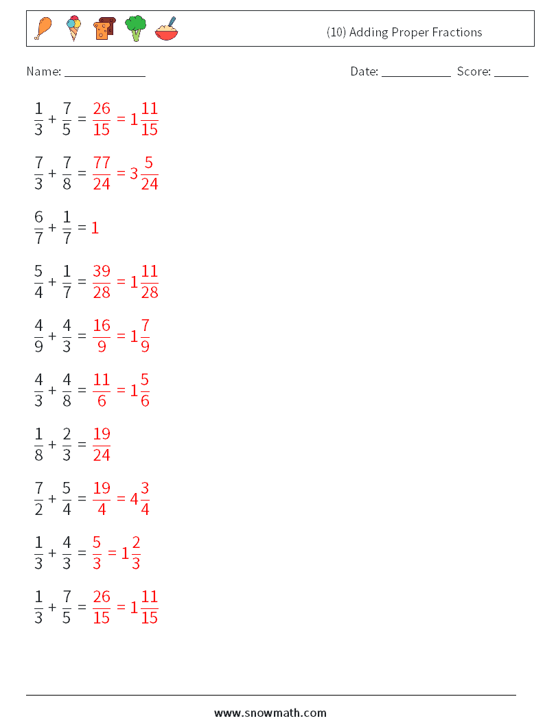 (10) Adding Proper Fractions Math Worksheets 7 Question, Answer