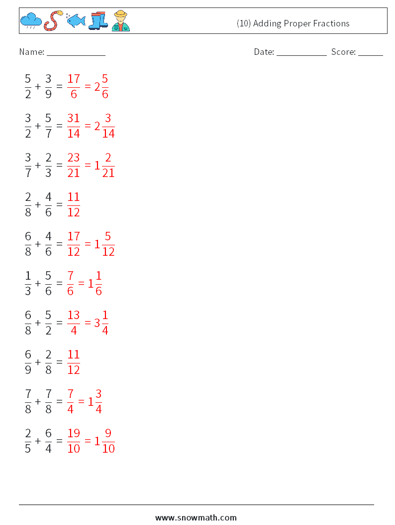 (10) Adding Proper Fractions Math Worksheets 8 Question, Answer