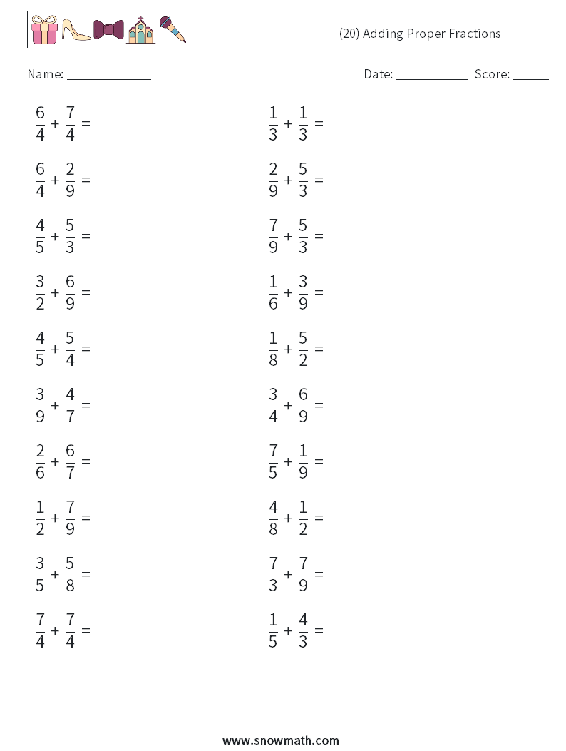 (20) Adding Proper Fractions Math Worksheets 1