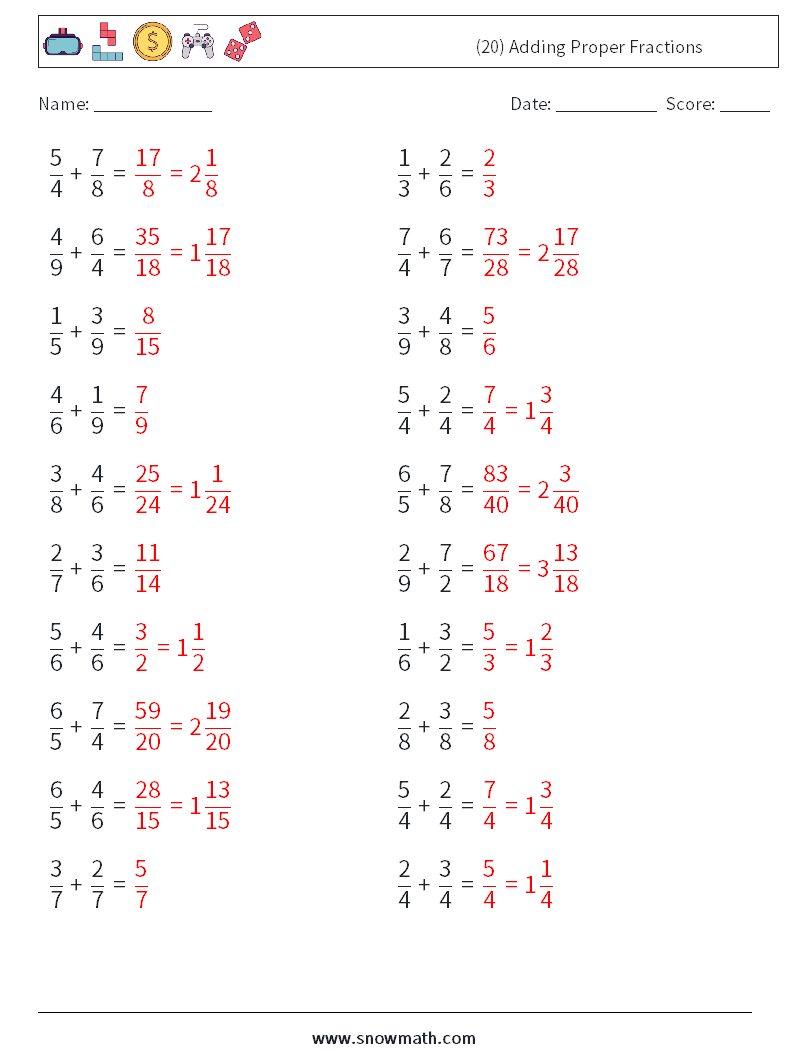 (20) Adding Proper Fractions Math Worksheets 10 Question, Answer