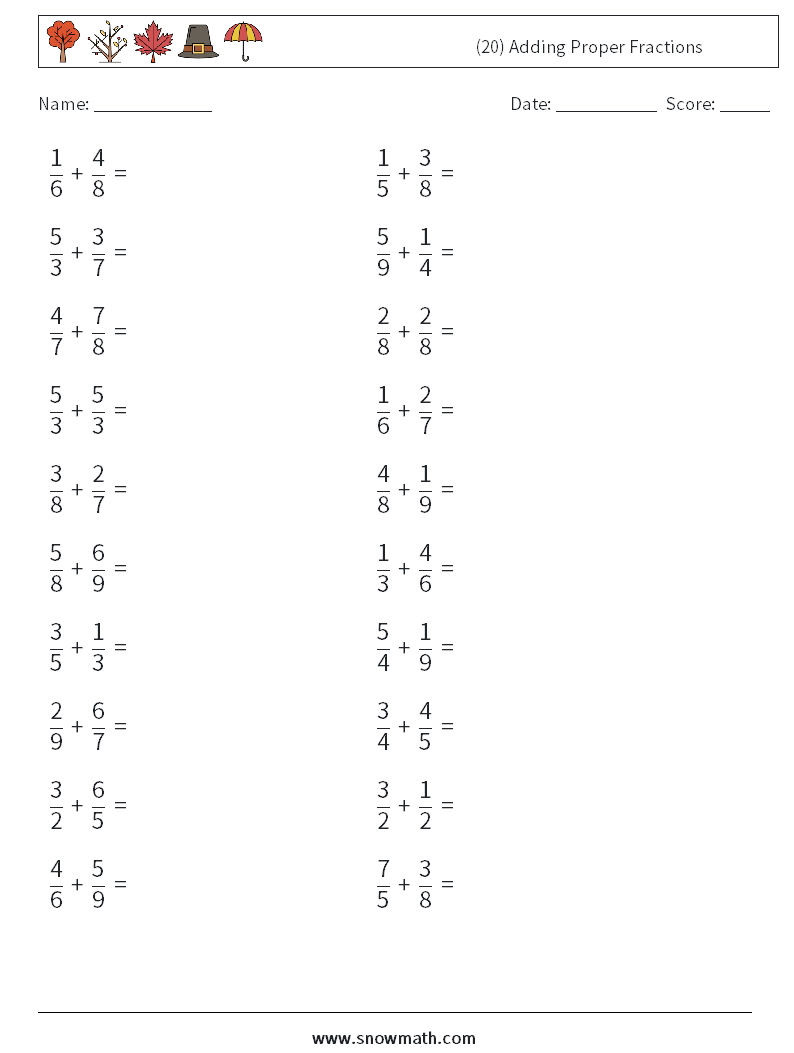 (20) Adding Proper Fractions Math Worksheets 11