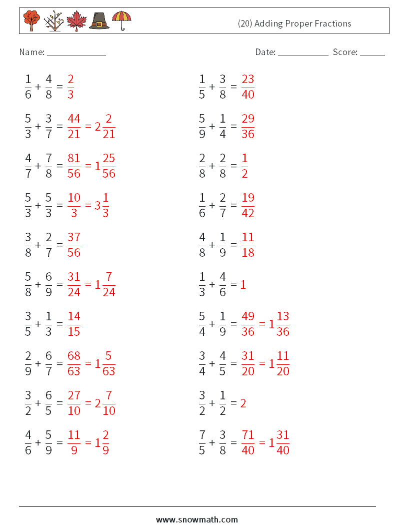 (20) Adding Proper Fractions Math Worksheets 11 Question, Answer