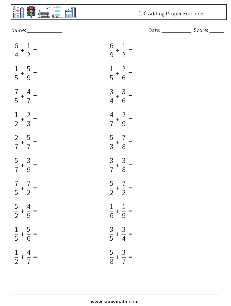 (20) Adding Proper Fractions Math Worksheets 12