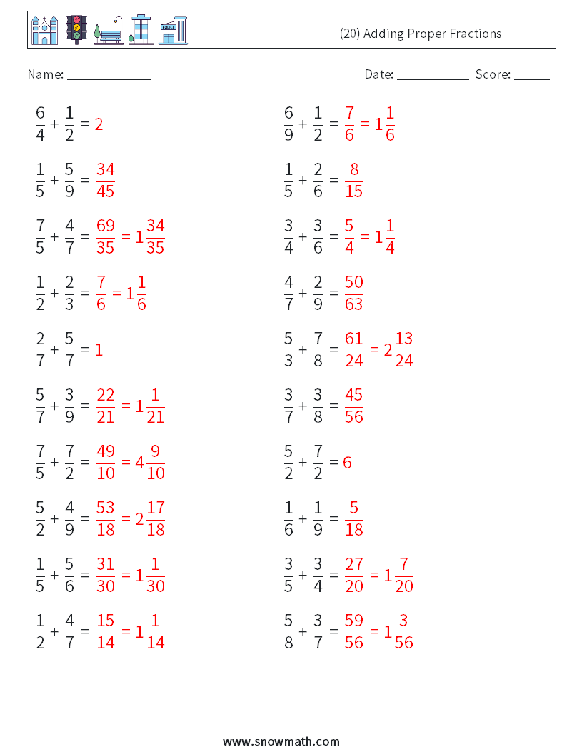 (20) Adding Proper Fractions Math Worksheets 12 Question, Answer