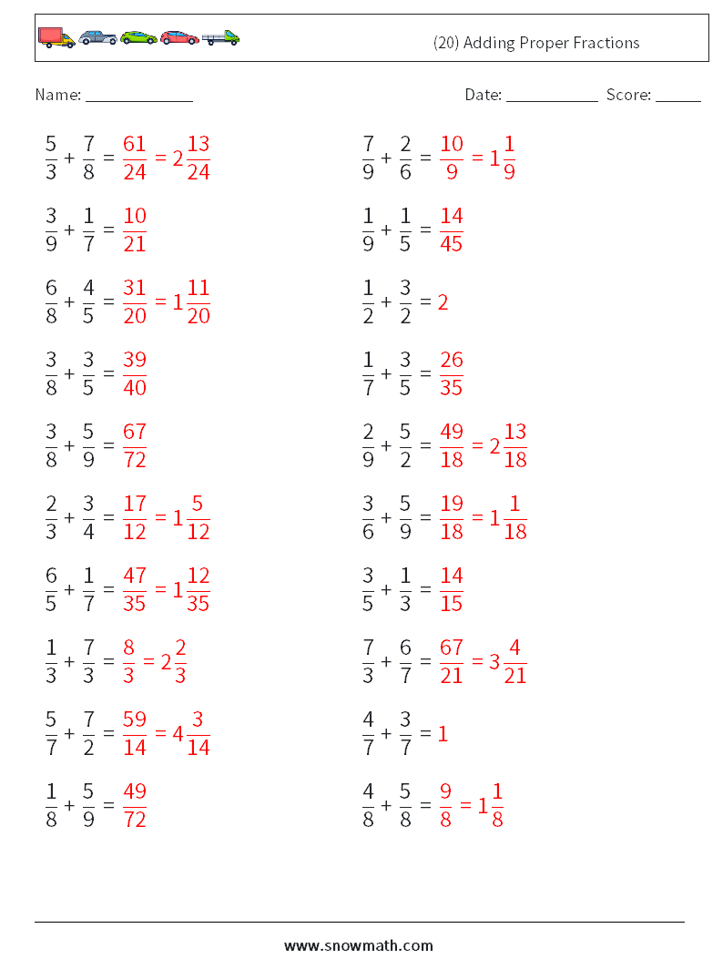 (20) Adding Proper Fractions Math Worksheets 13 Question, Answer