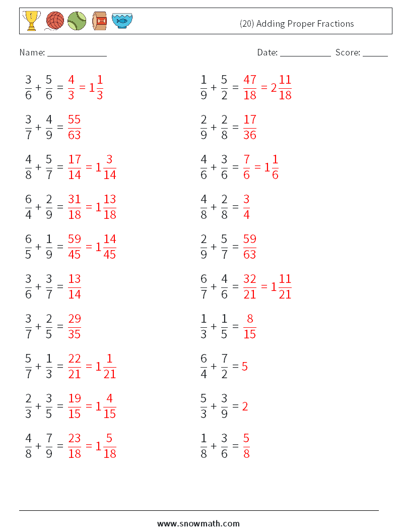 (20) Adding Proper Fractions Math Worksheets 14 Question, Answer