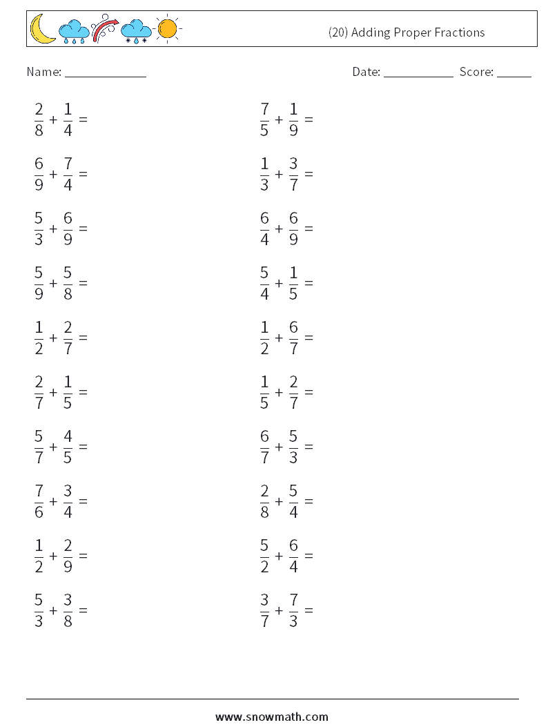 (20) Adding Proper Fractions Math Worksheets 15