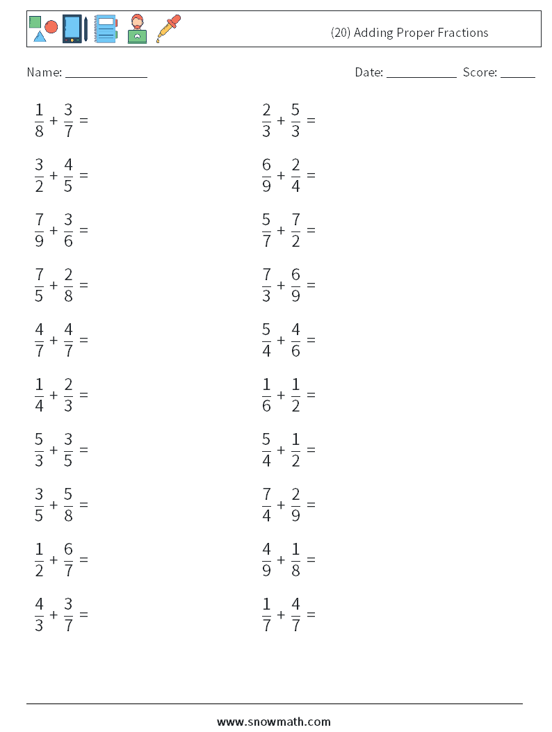 (20) Adding Proper Fractions Math Worksheets 16