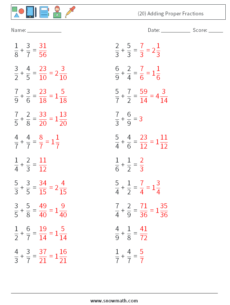 (20) Adding Proper Fractions Math Worksheets 16 Question, Answer