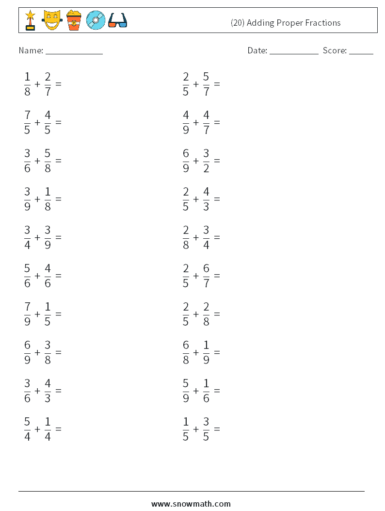(20) Adding Proper Fractions Math Worksheets 17