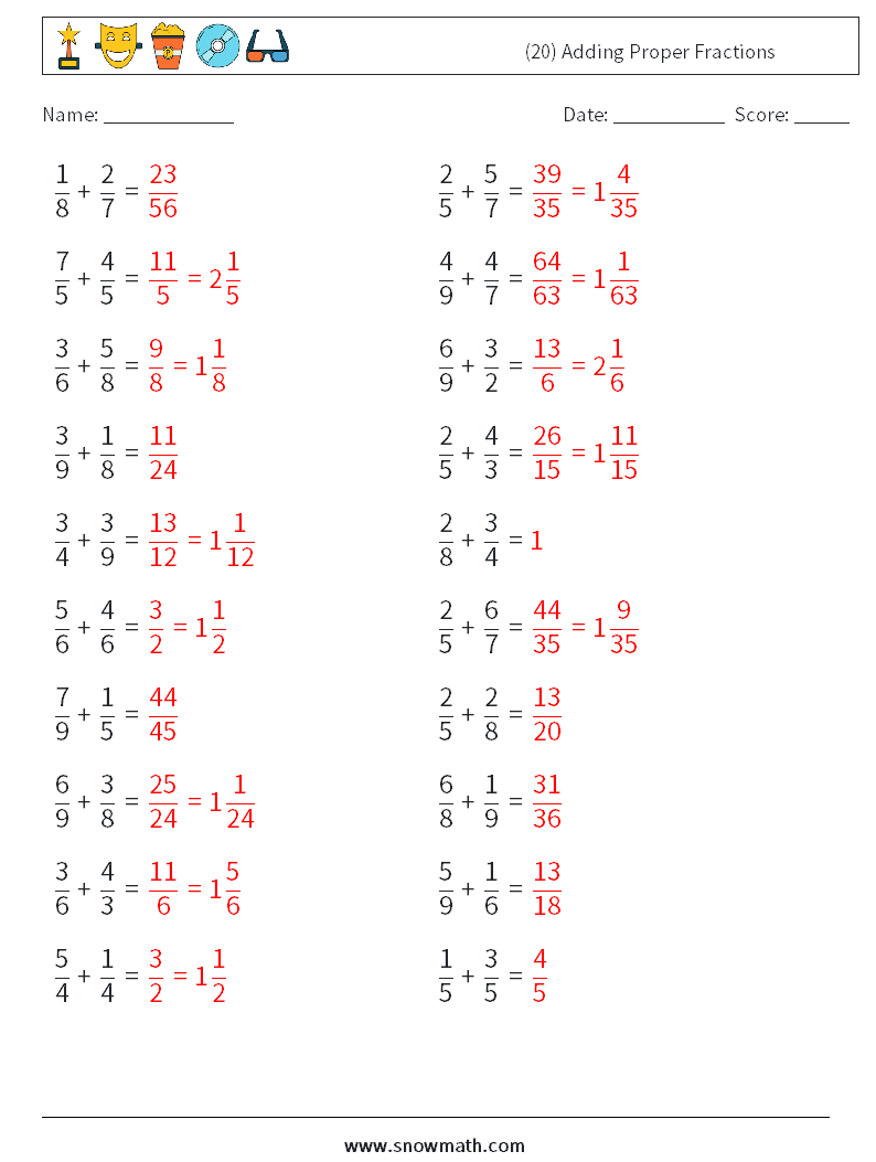 (20) Adding Proper Fractions Math Worksheets 17 Question, Answer