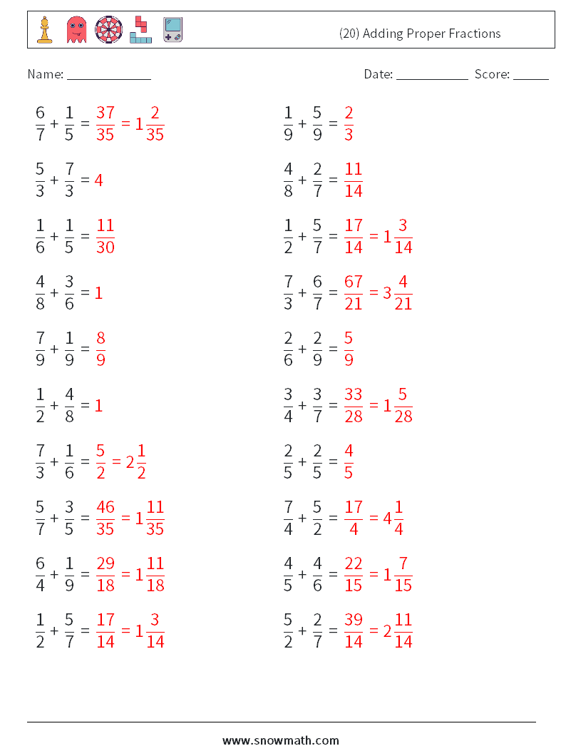 (20) Adding Proper Fractions Math Worksheets 18 Question, Answer