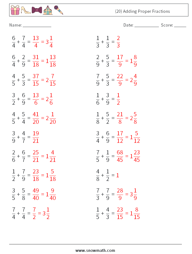(20) Adding Proper Fractions Math Worksheets 1 Question, Answer