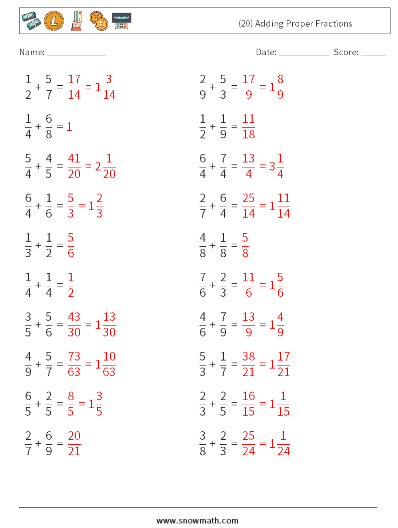 (20) Adding Proper Fractions Math Worksheets 5 Question, Answer